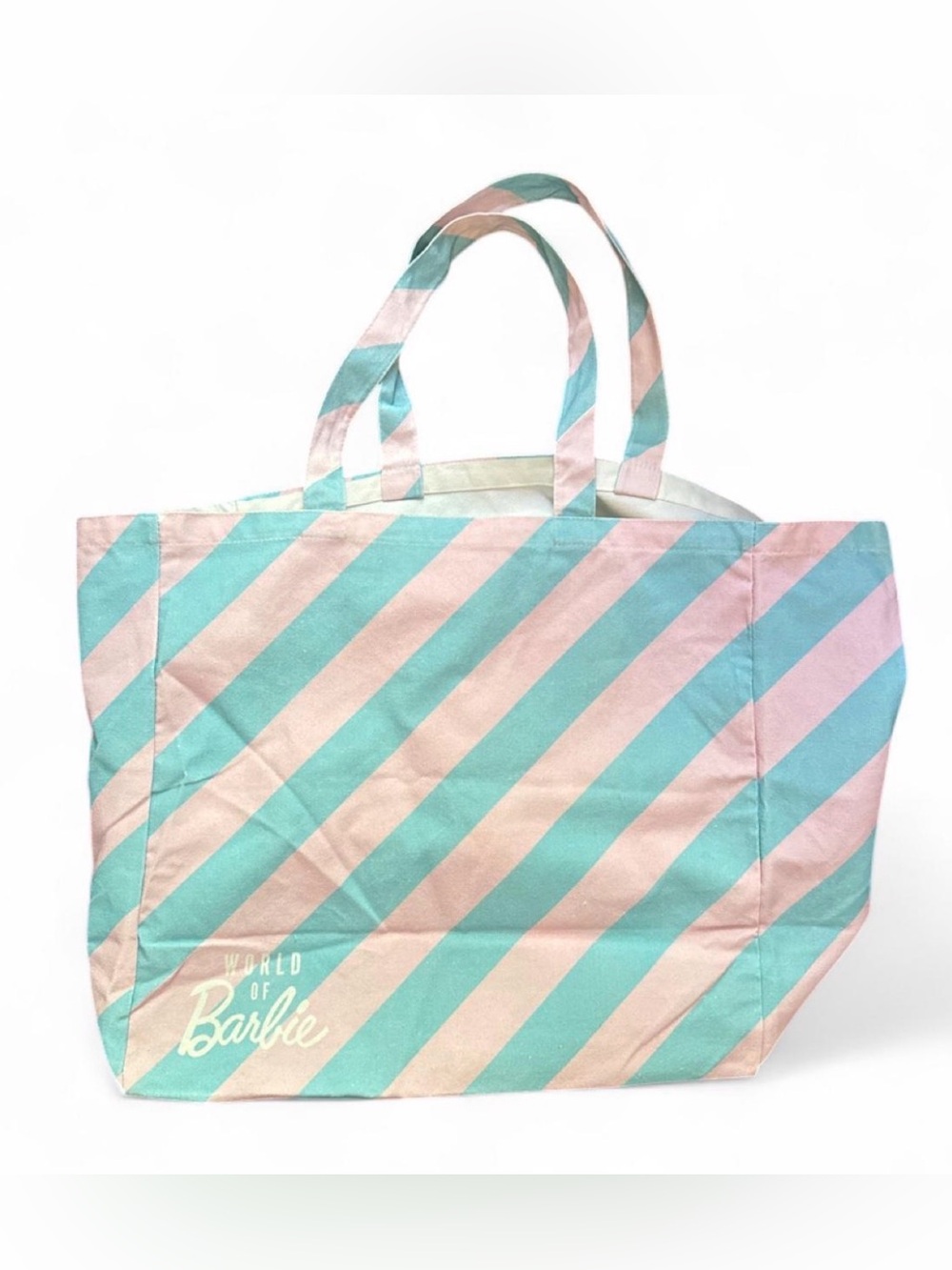 World of Barbie pink and blue diagonal striped tote bag. Oversized canvas